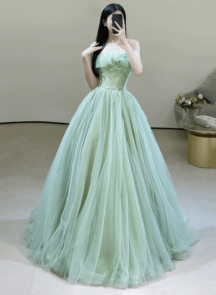 Charming Green Strapless Tulle Floor Length Prom Dress, A-line Green Evening Dress
