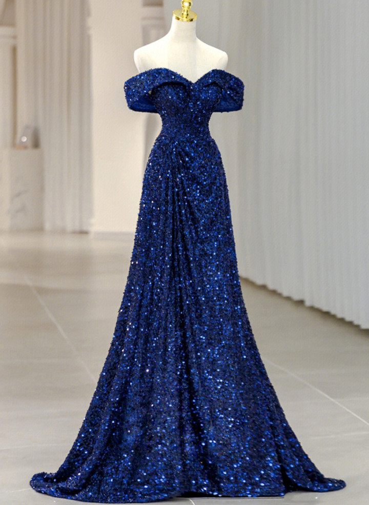 Sequins Sweetheart Off Shoulder Long Party Dress, A-Line Blue Long Evening Dress Prom Dress