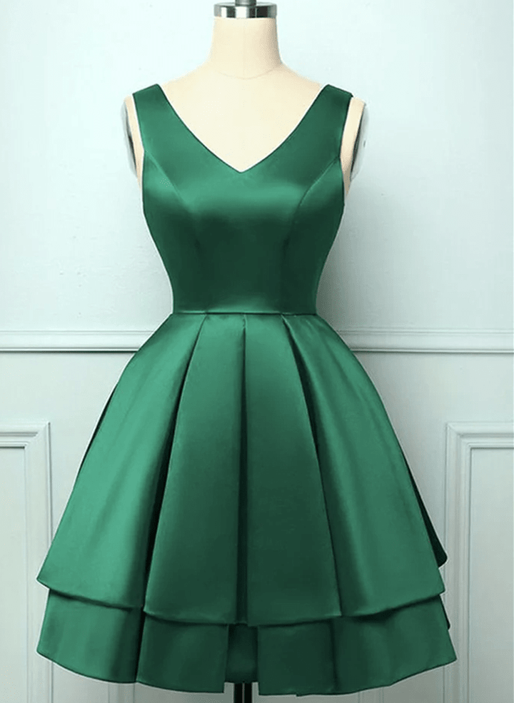 Green Satin Short V-neckline Party Dress, Green Short Homecoming Dress