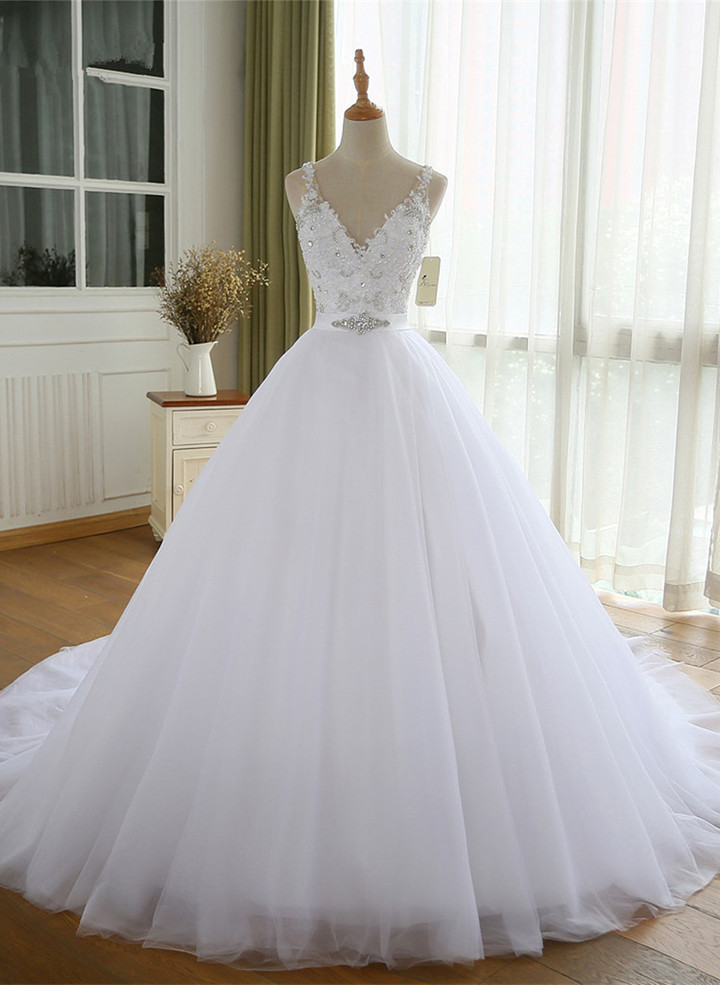 White V-neckline Beaded Tulle Straps Long Party Dress, White Tulle Wedding Dress