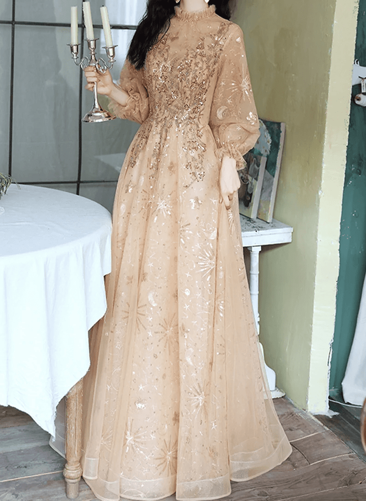 Champagne Puffy Sleeves Long Beaded Party Dress, Champagne Tulle Evening Dress