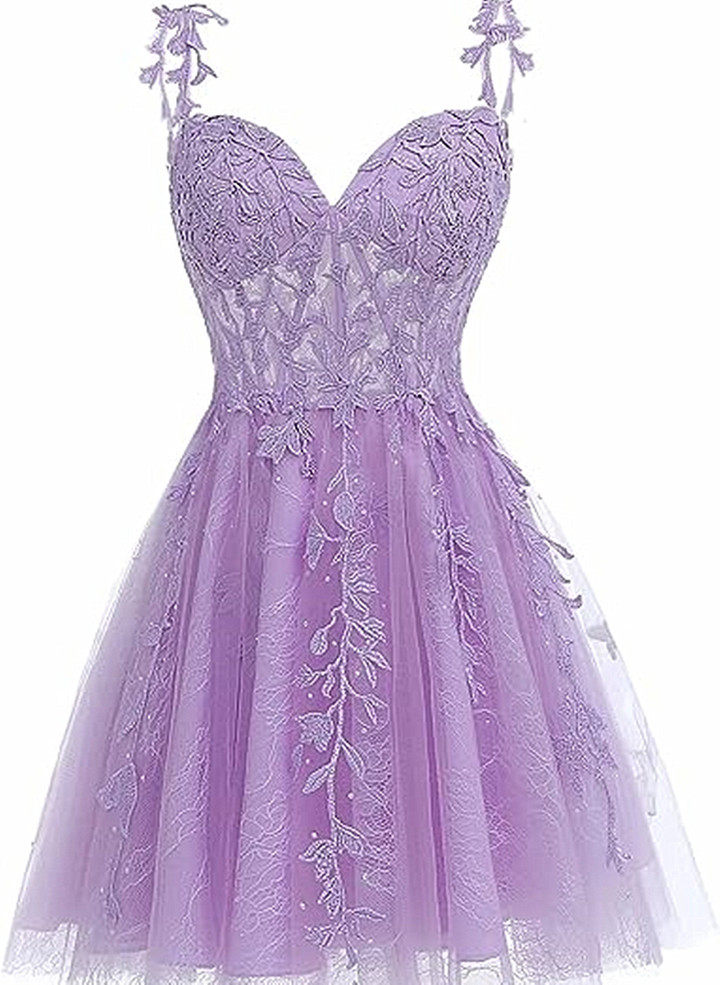 Light Purple Sweetheart Tulle Straps Short Party Dress, Lace Applique Homecoming Dress