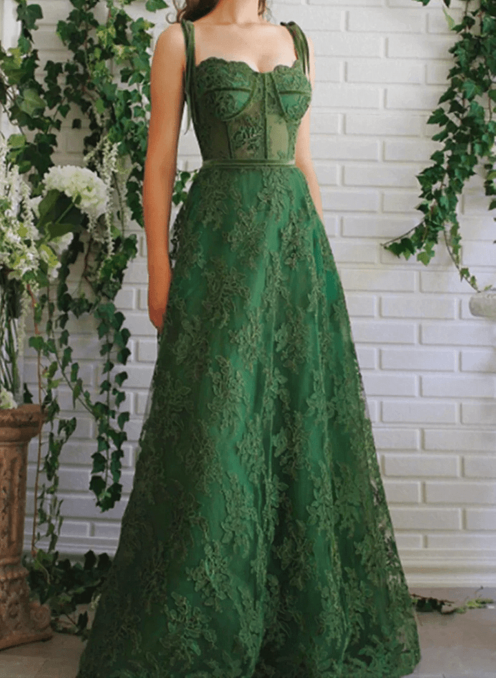 A-line Green Lace Long Prom Dress, Green Lace Straps Sweetheart Evening Dress