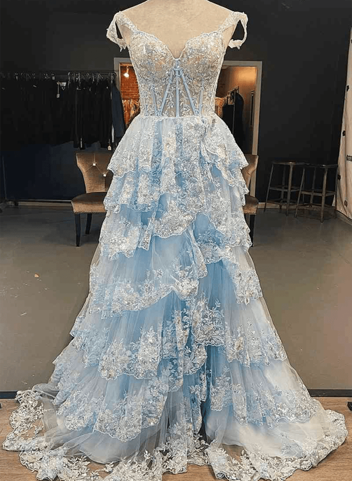 Light Blue Lace Tiered Tulle Long Formal Dress, Light Blue Prom Dress