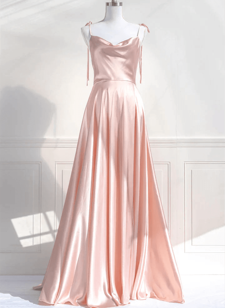 Pink Straps Low Back Long Prom Dress, Pink Satin A-line Party Dress