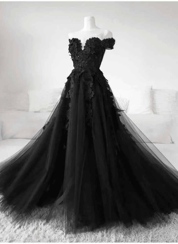 Black Off Shoulder Lace Applique Tulle Party Dress, Black Long Formal Dress
