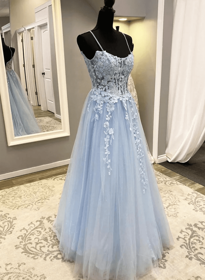 Light Blue A-line Tulle with Lace Applique Prom Dress, Blue Formal Dress
