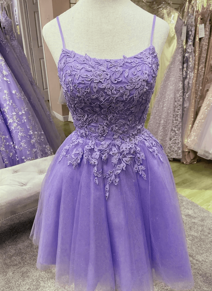 Light Purple Straps Tulle with Lace Party Dress, Light Purple Homecoming Dress