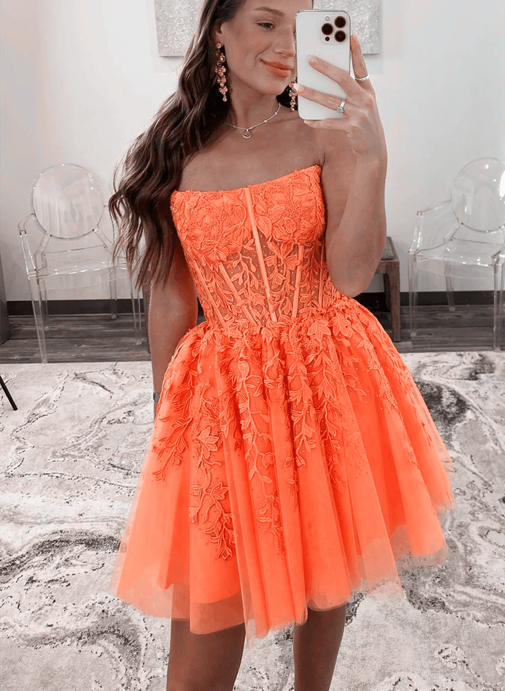 Short Coral Lace and Tulle Party Drses, Short Coral Homecoming Dress
