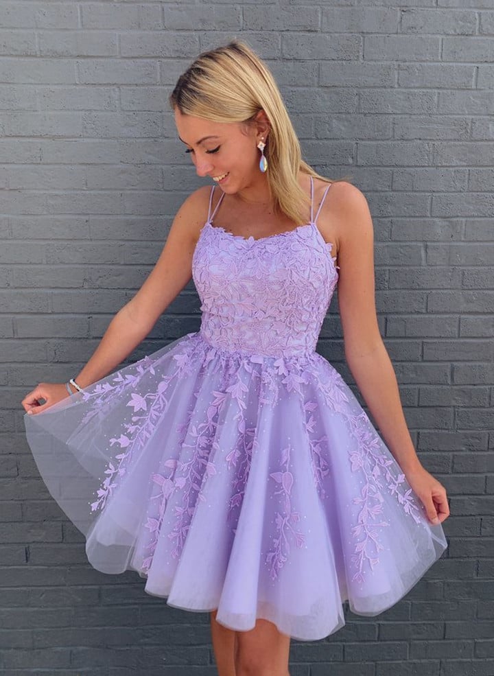 Cute Purple Lace and Tulle Short Party Dress, Purple Homecoming Dress Prom Dress