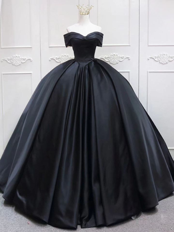 Black Satin Off Shoulder Long Party Dress, Black Sweet 16 Dress