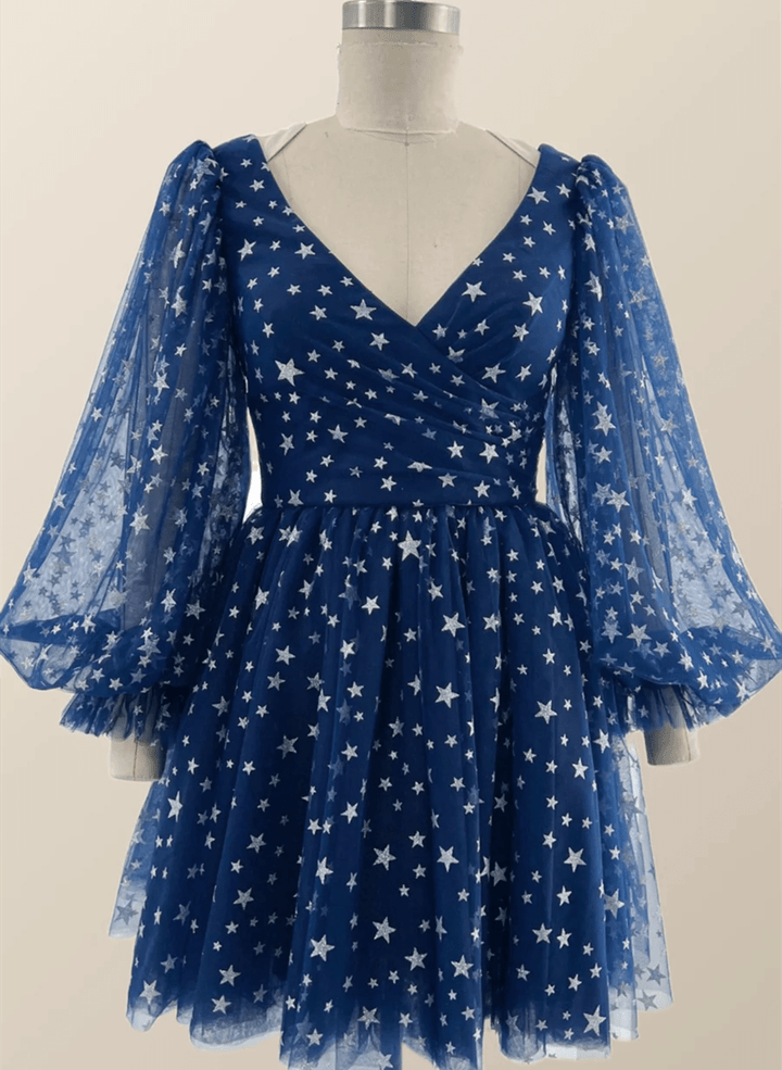 Cute A-line Long Sleeves Navy Blue Stars A-line Party Dress, Blue Homecoming Dress
