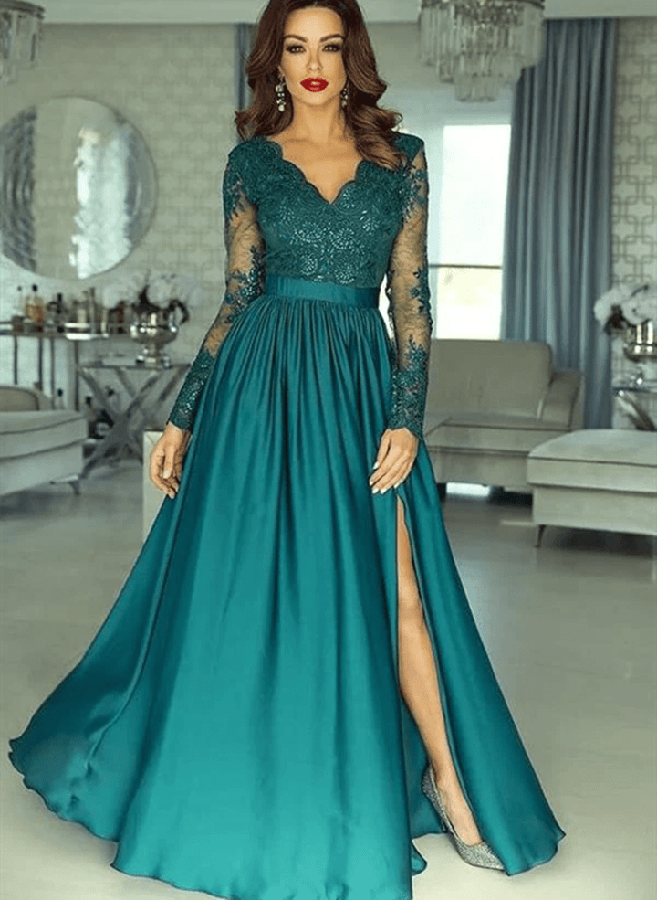 A-line Green Long Sleeves Satin with Lace Party Dress, Green Long Prom Dress
