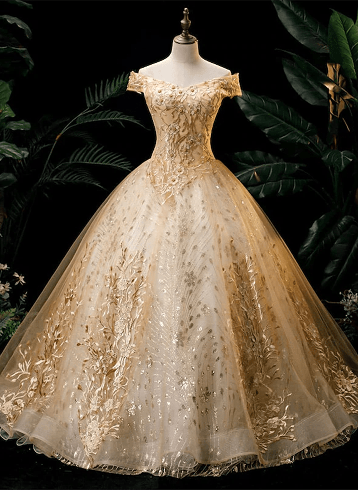 Off ShoulderGold Ball Gown Tulle with Lace Applique Prom Dress, Gold Sweet 16 Dress