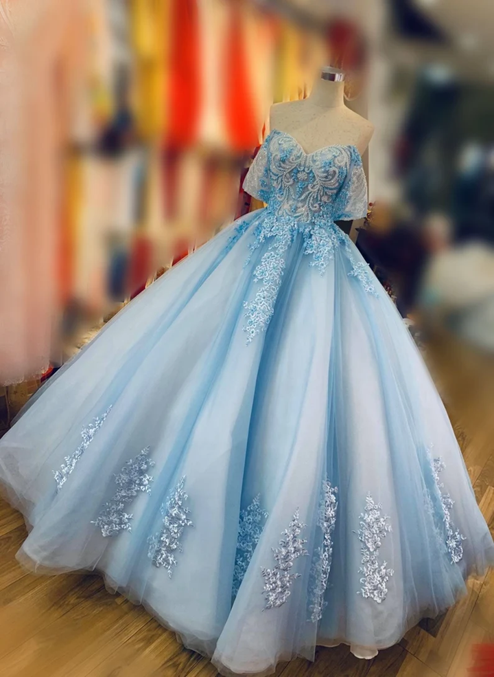 Blue Ball Gown Off Shoulder with Lace Applique Sweet 16 Dress, Blue Long Prom Dress