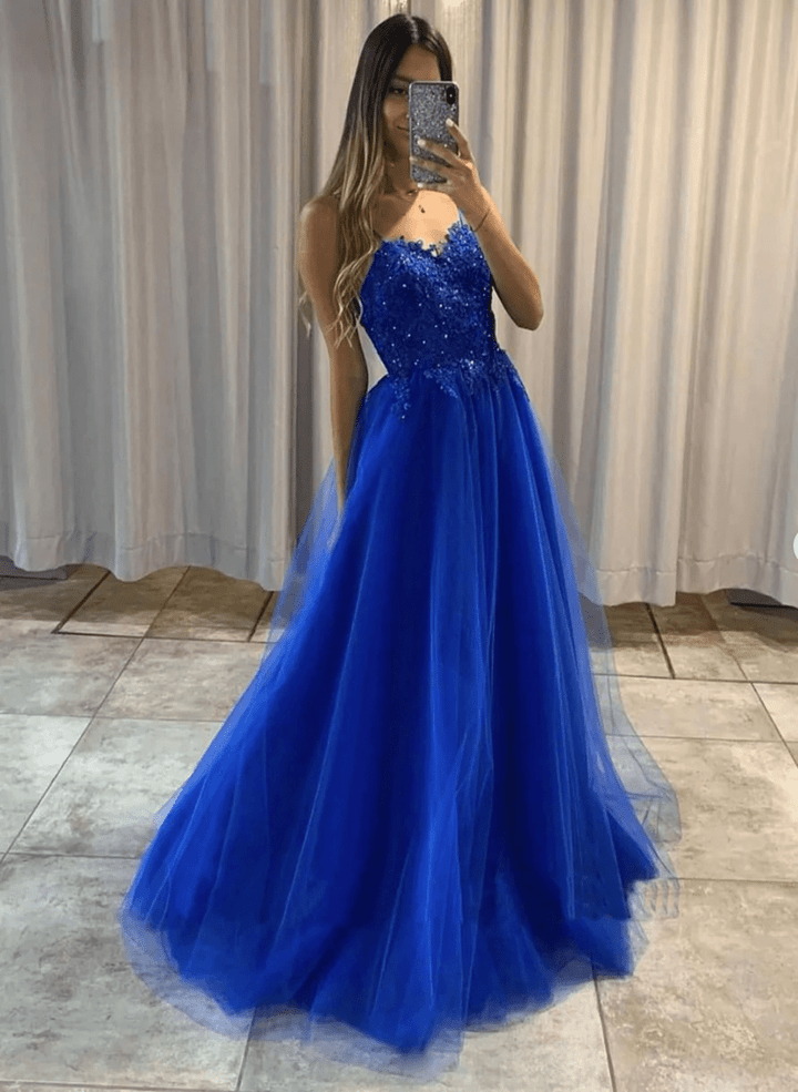 Royal Blue Straps Beaded Tulle Long Formal Dress, Royal Blue Long Party Dress