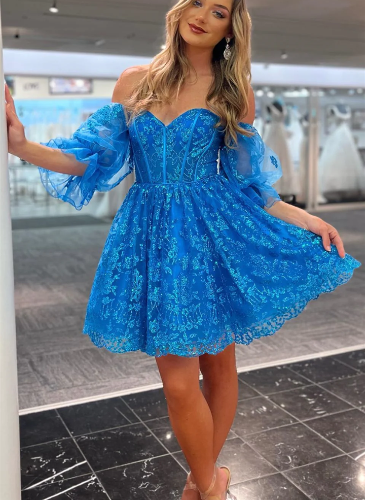 Blue Strapless Appliques Homecoming Dress with Short Sleeves, Blue Party Dress