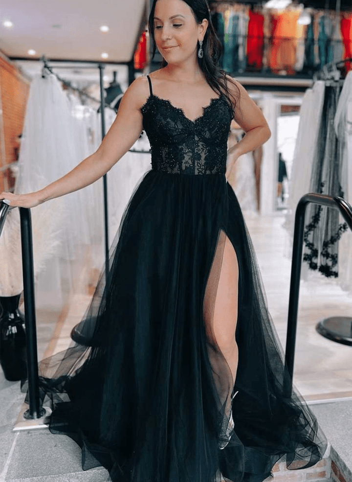 Black Tulle Lace Lace-Up Back A-Line Prom Dress, A-line Black Party Dress
