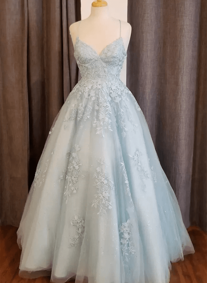 Light Blue A-line Straps Appliques Long Prom Dress, Light Blue Party Dress