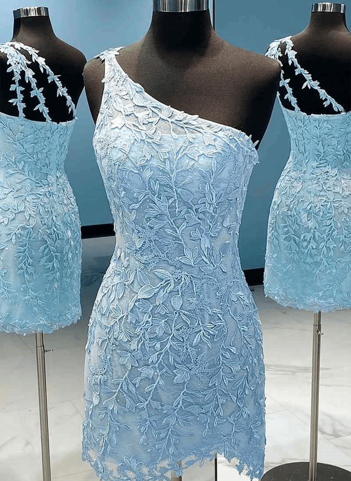 One Shoulder Blue Short Lace Prom Dress, Short LaceHomecoming Dress