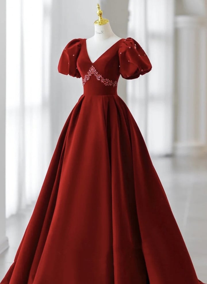 Wine Red Velvet Beaded Long Party Dress, V-neckline Velvet Prom Dress