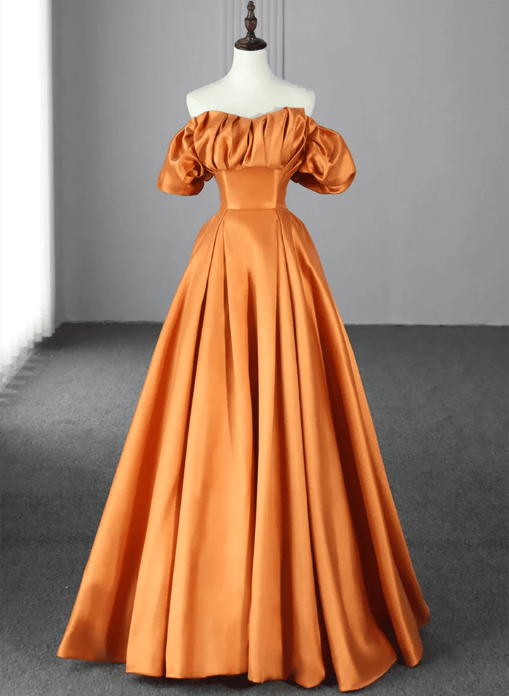 Orange Satin A-Line Floor Length Prom Dress, Off the Shoulder Long Formal Dress