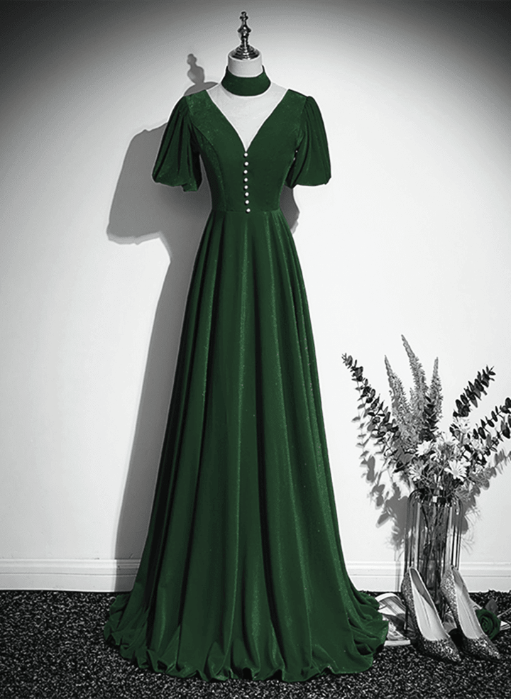 A-line Green Velvet High Neckline Long Party Dress, Green Velvet Prom Dress