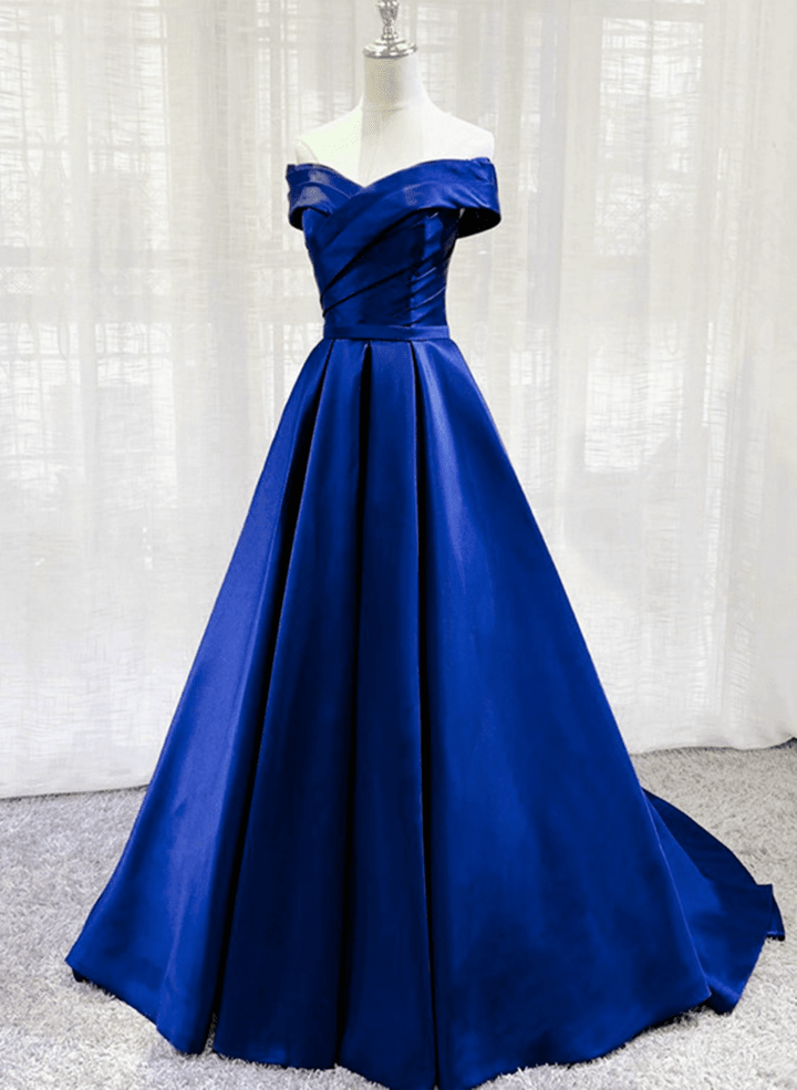 Royal Blue Satin Off Shoulder Long Party Dress, Blue Simple Prom Dress