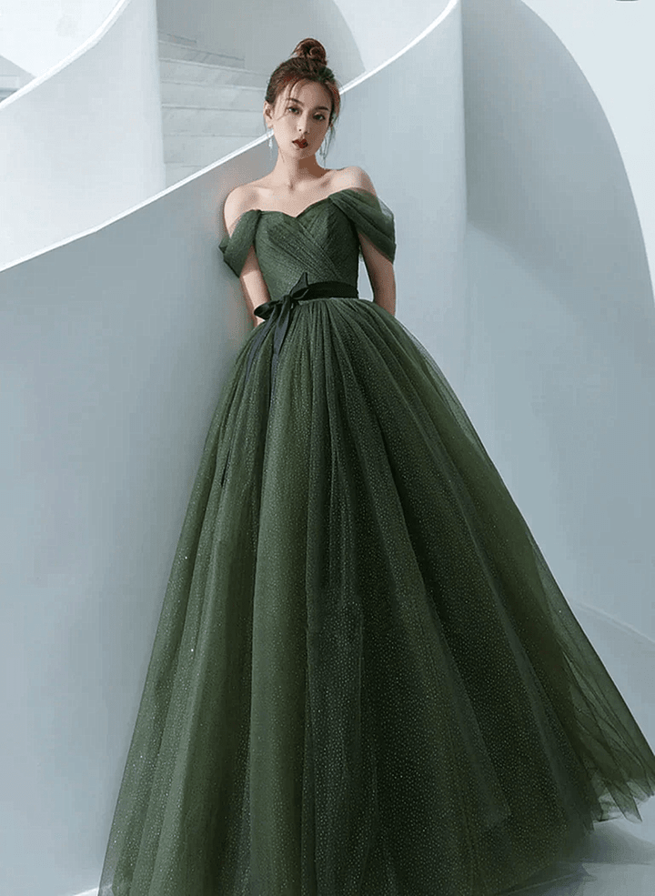 Dark Green Off Shoulder Tulle Long Party Dress, Green A-line Prom Dress