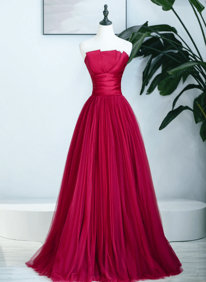 Dark Red Strapless Tulle and Satin Prom Dress, Dark Red Long Formal Dress