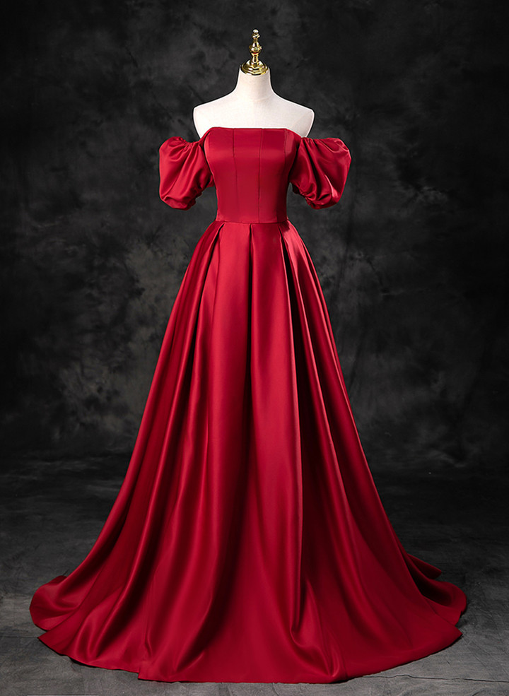 Red Satin A-line Long Party Dress, Red Long Formal Dress Prom Dress