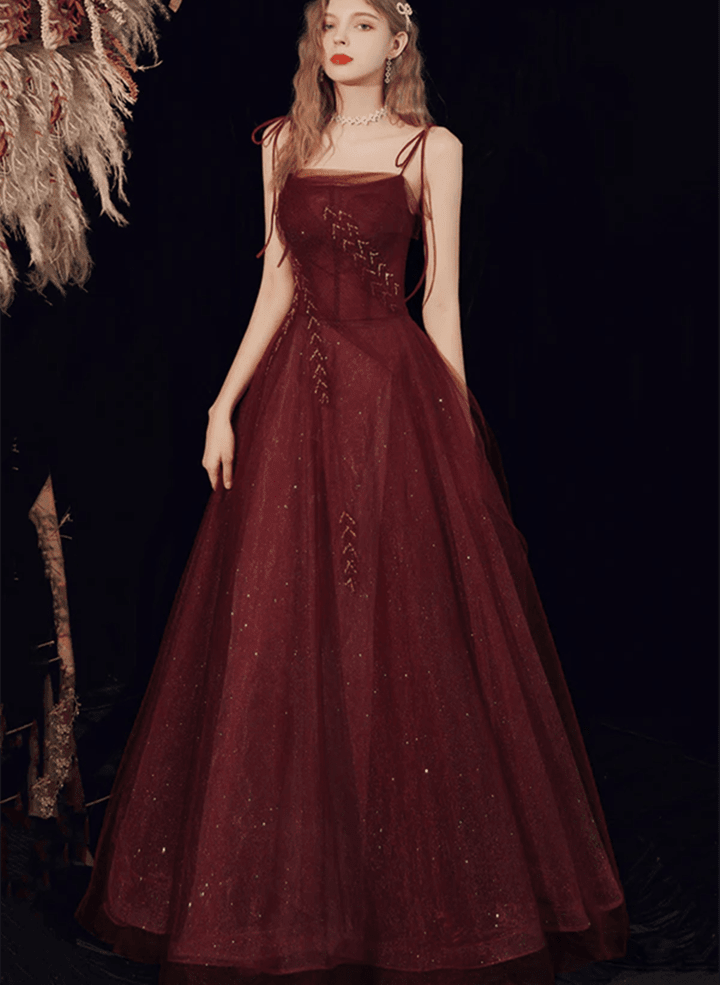 Wine Red Straps A-Line Shiny Tulle Long Prom Dress, Lovely Lace-Up Party Dress