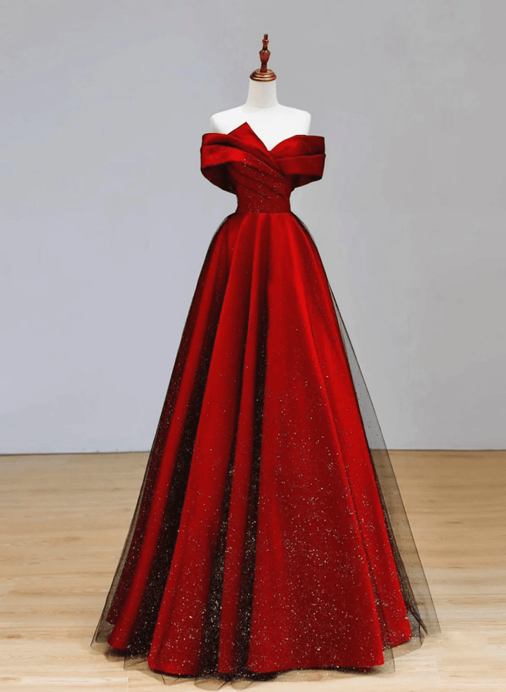 A-line Red Satin And Black Tulle Long Party Dress, Simple A-Line Prom Dress