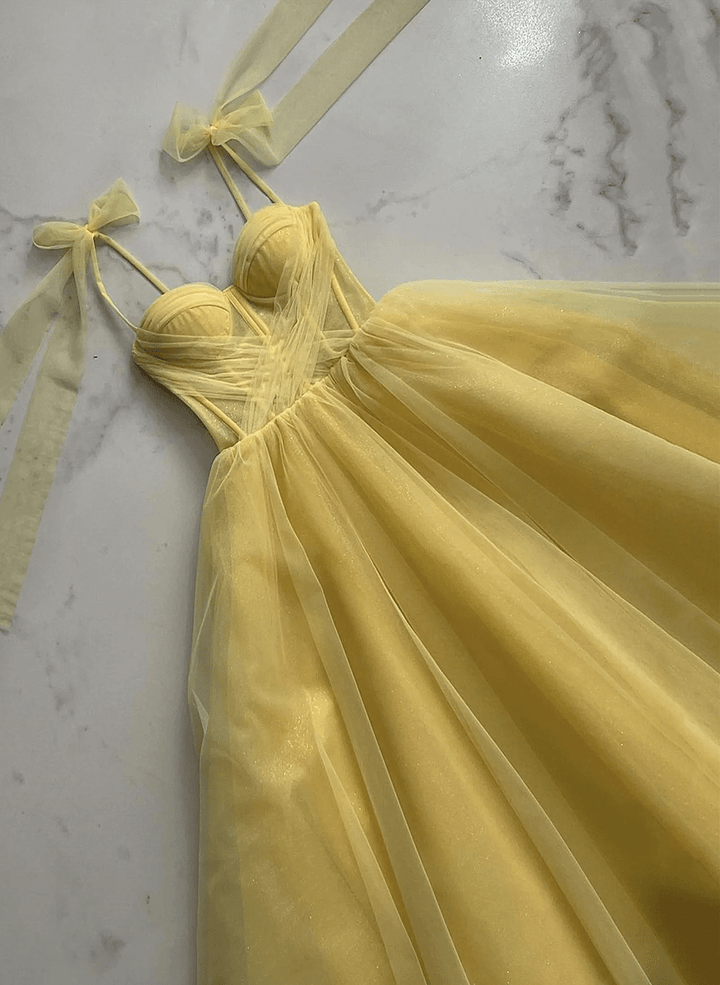 Yellow Tulle Sweetheart Long Prom Dress, Yellow Tulle Formal Dress Evening Dress