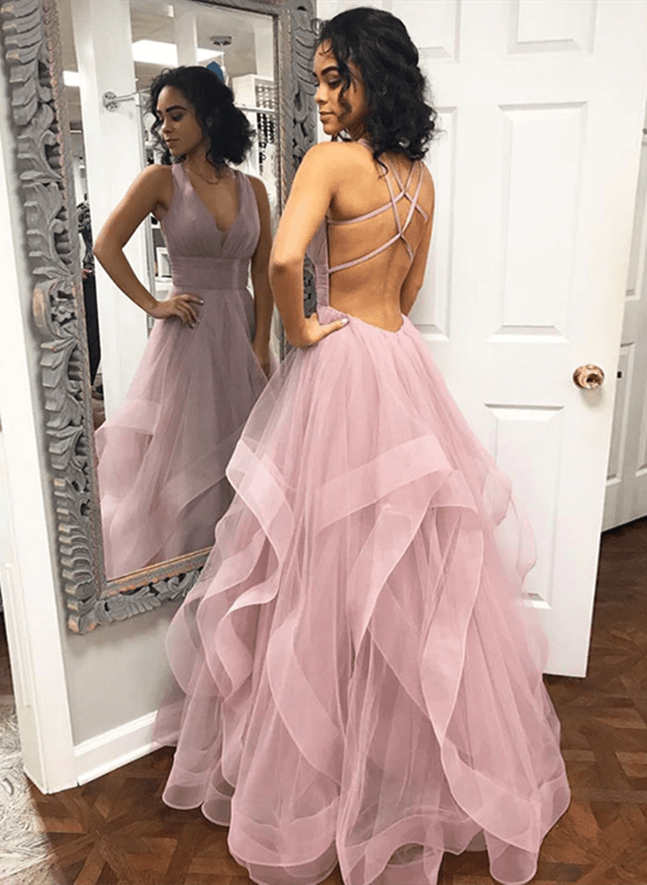 Pink Tulle Layers Cross Back Long Party Dress, Pink Tulle A-line Prom Dress