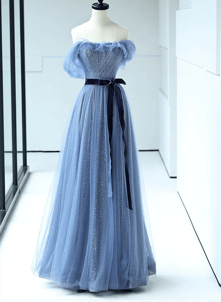 A-line Blue Off Shoulder Floor Length Prom Dress, Blue Strapless Tulle Evening Dress