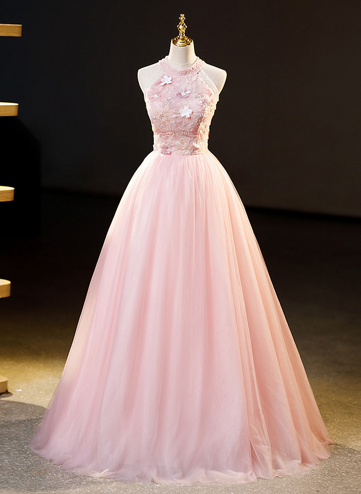 Pink Tulle Halter Ball Gown with Flowers Party Dress, Pink Sweet 16 Dress