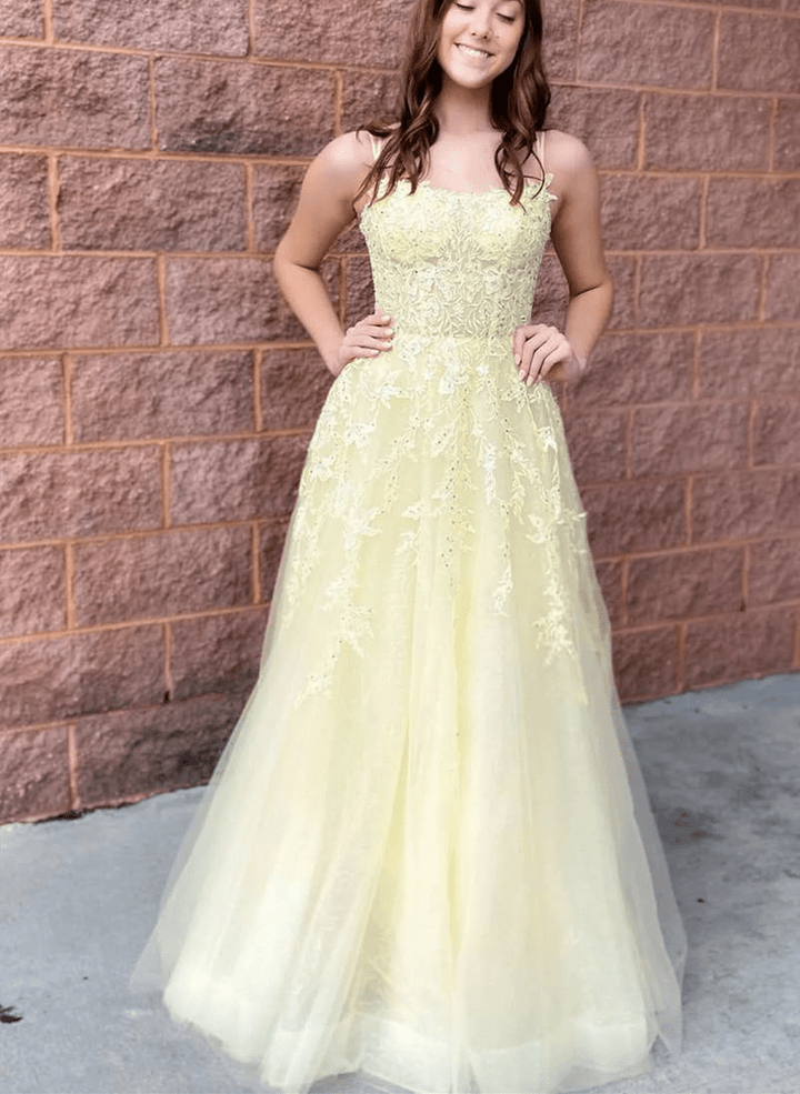 Light Yellow Applique A-line Lace-Up Long Prom Dress, Light Yellow Lace Party Dress