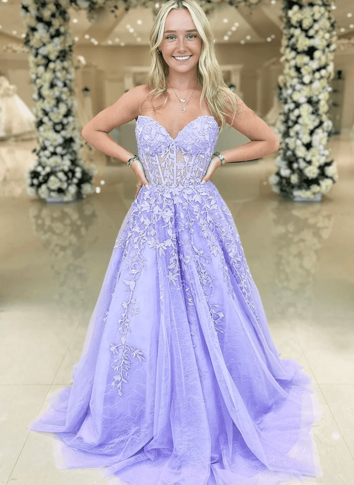 Light Purple Strapless Lace A-line Tulle Floor Length Prom Dress, Light Purple Party Dress