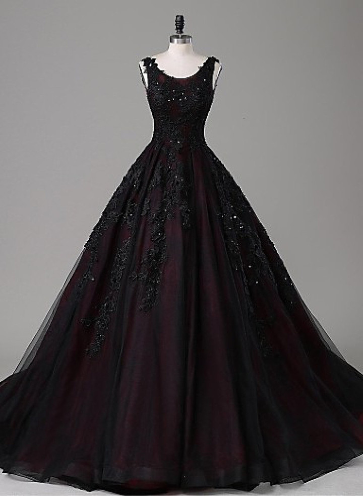 Black and Red Round Neckline Wedding Dress, Black and Red Evening Gown