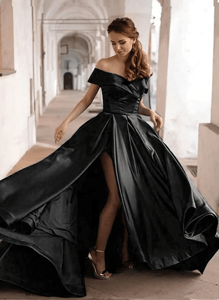 A-line Black Satin Off Shoulder Long Party Dress, Black Satin Prom Dress with Leg Slit