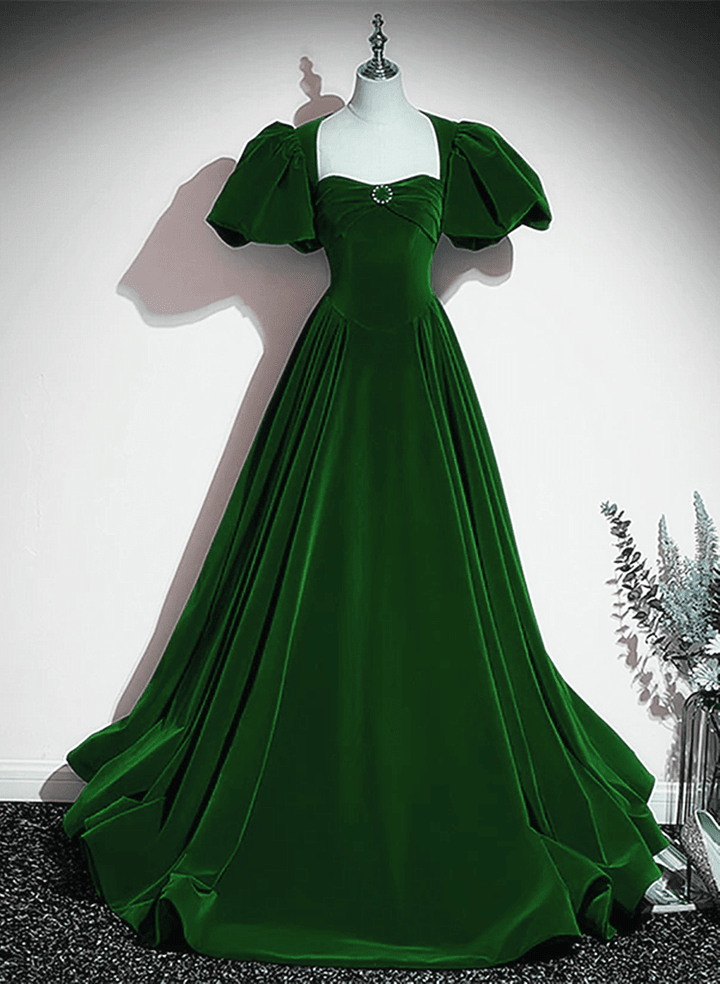 A-line Velvet Backless Long Evening Dress, Green Short Sleeves Formal Dress Prom Dress