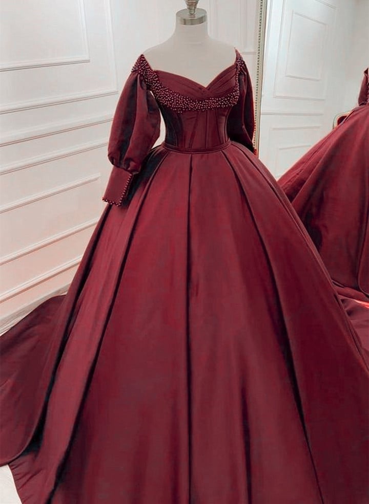 Wine Red Satin Beaded Puffy Sleeves Long Party Dress, Wine Red Sweet 16 Dress