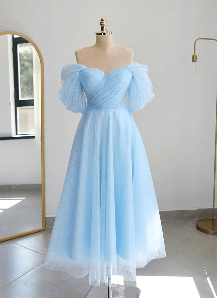 Light Blue Tulle Sweetheart Tea Length Dress, Light Blue Prom Dress Party Dress