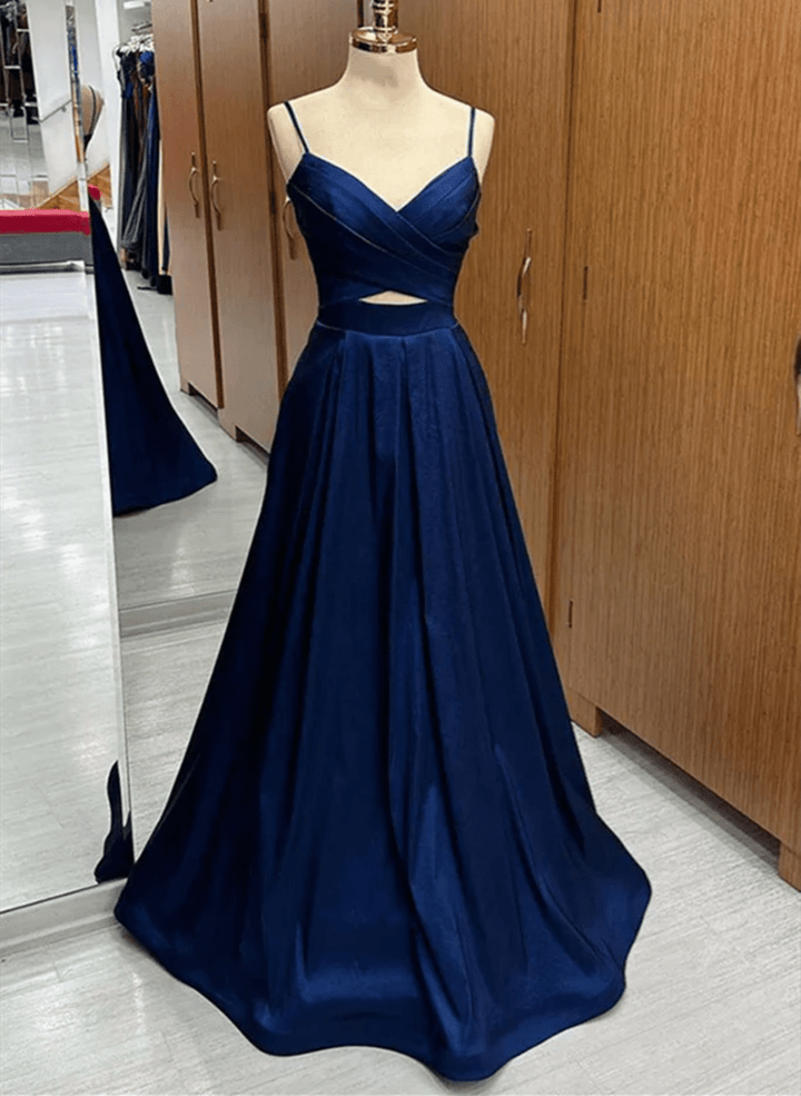Navy Blue Satin A-line Straps V-neckline Party Dress, Navy Blue Formal Dress