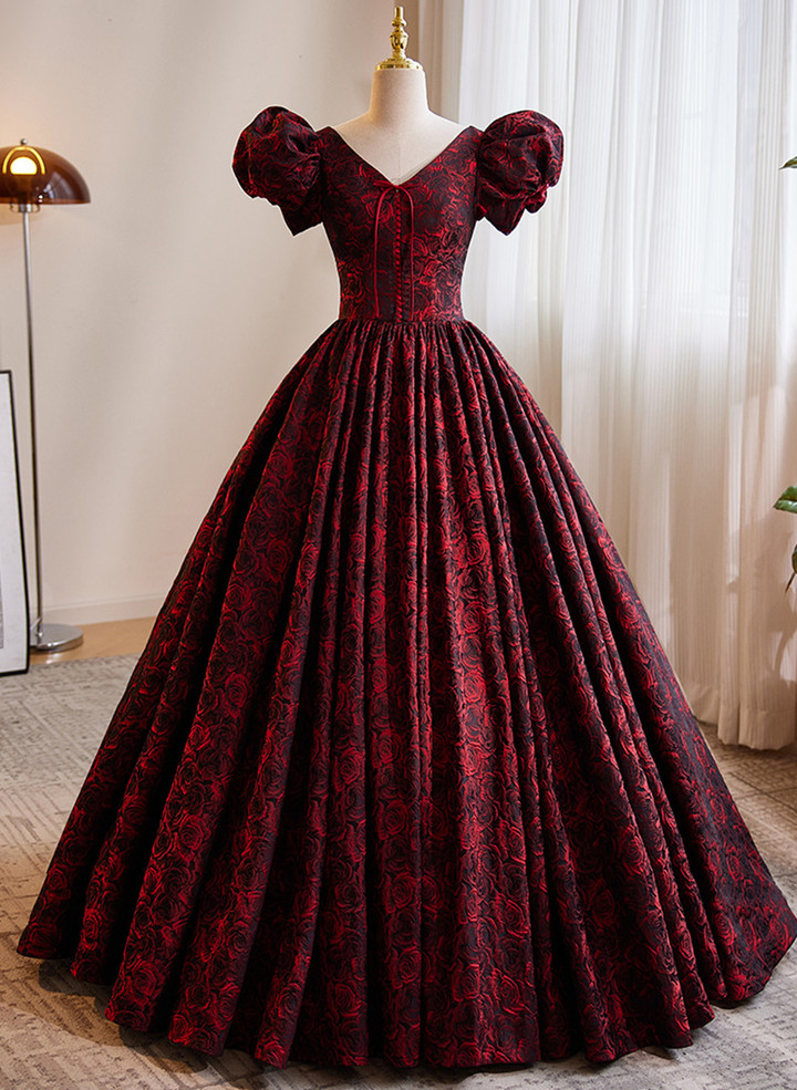Elegant Black and Red Long Formal Dress, A-line Long Lace Wedding Party Dress