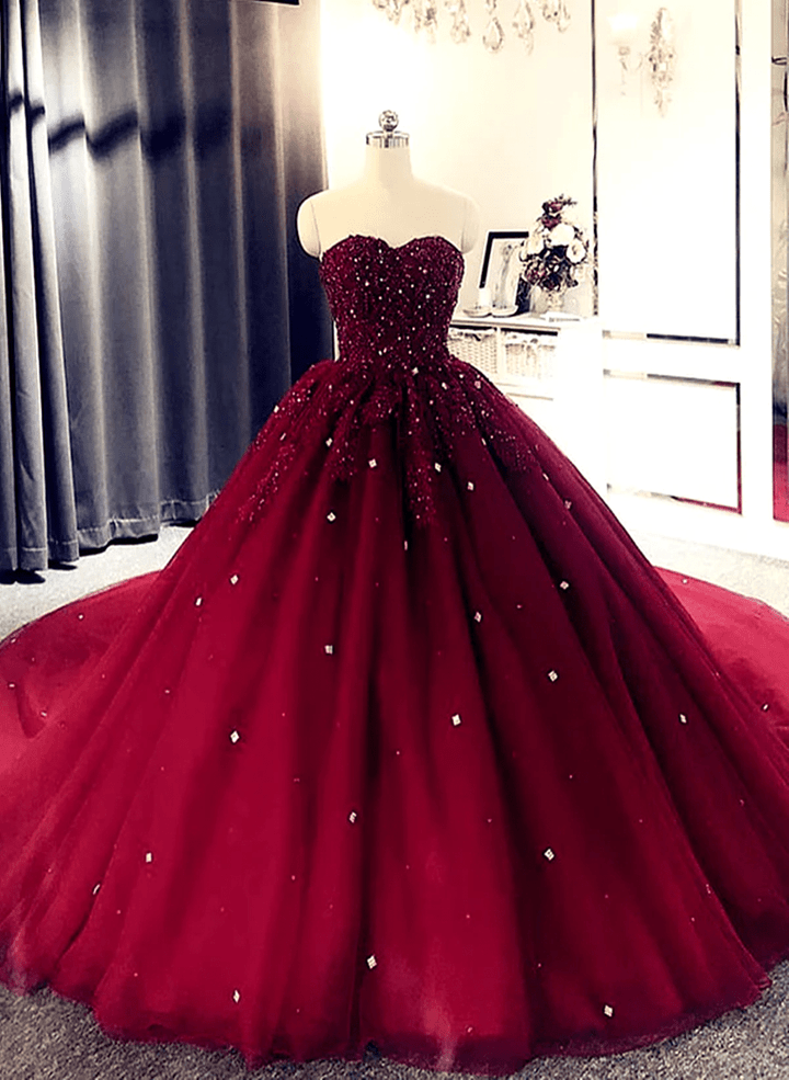 Wine Red Beaded Sweetheart Ball Gown Party Dress, Wine Red Long Prom Dress