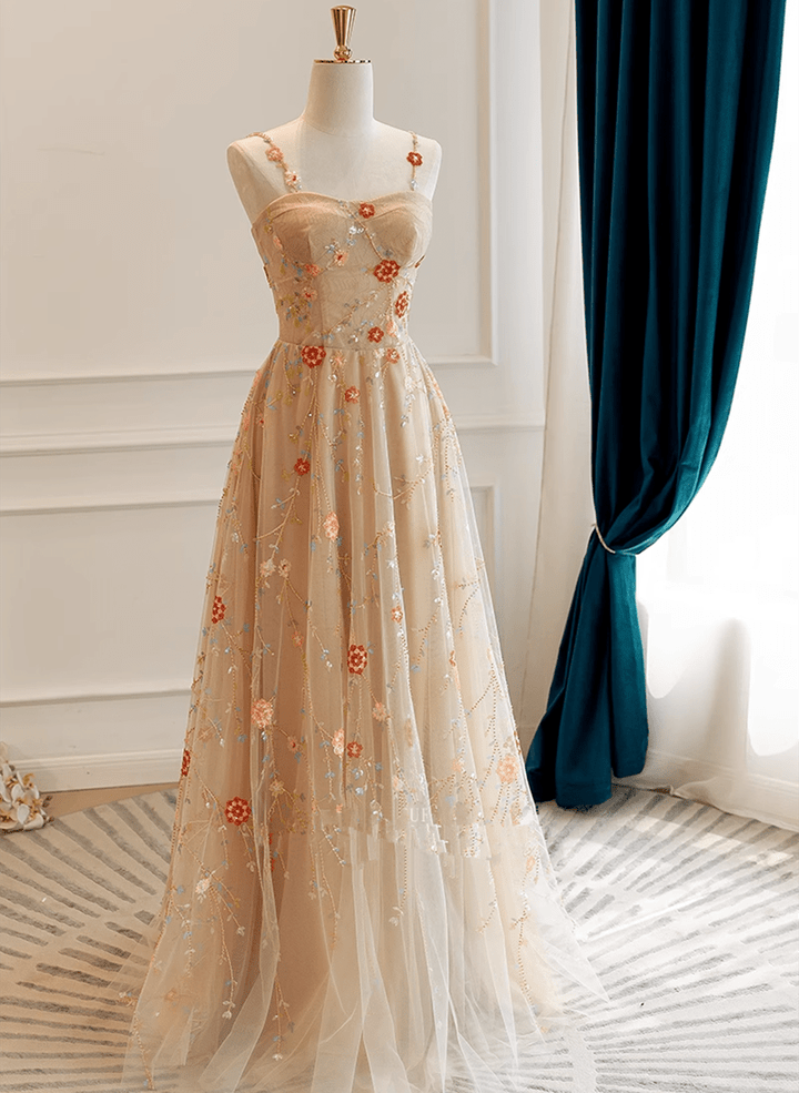 Champagne Floral Tulle Straps Sweetheart Floor Length Evening Dress, A-Line Tulle Long Prom Dress