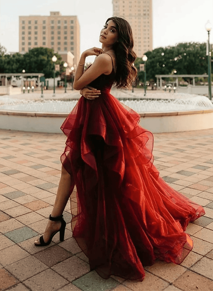 Wine Red Straps V-neckline Long Prom Dresses, V Neck Wine Red Evening Dress Party Dress