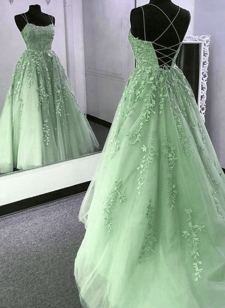 Green Tulle with Lace Cross Back Long Party Dress, Green Long Prom Dress
